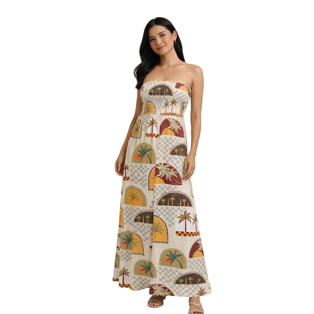Paper Heart Strapless Scenic Print Linen‎ Blend Maxi Dress Neutral Resort M